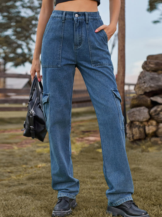 New Washed Semi Elastic Design Personalized Denim Workwear Casual Pants