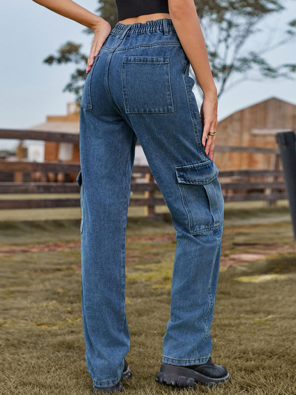 New Washed Semi Elastic Design Personalized Denim Workwear Casual Pants