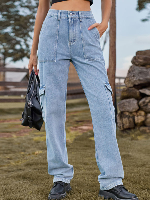 New Washed Semi Elastic Design Personalized Denim Workwear Casual Pants