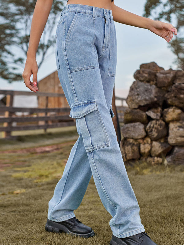 New Washed Semi Elastic Design Personalized Denim Workwear Casual Pants