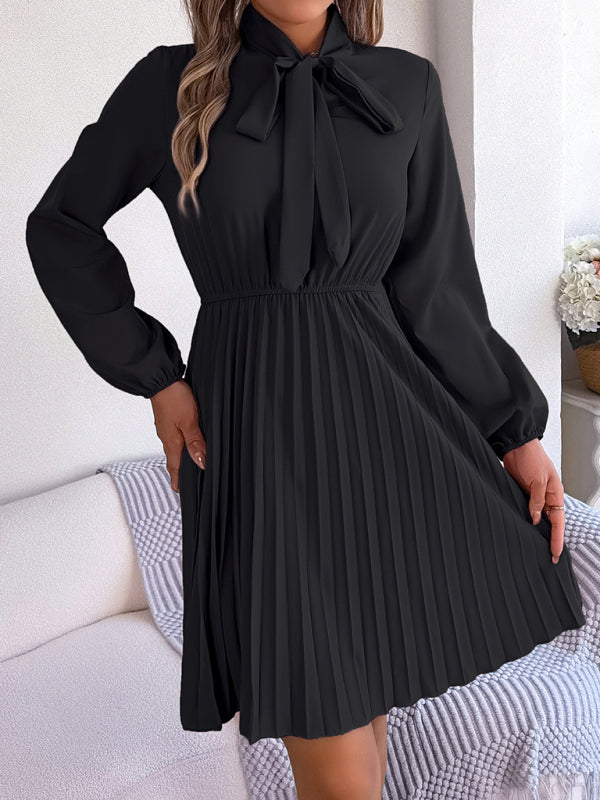 Autumn and winter temperament tie waist long sleeve pleated skirt
