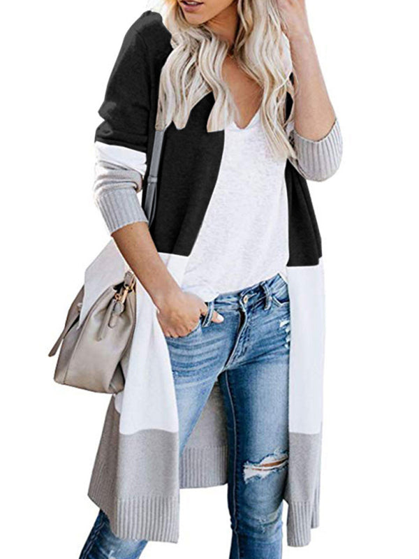 New contrast color long rainbow patchwork striped cardigan sweater jacket