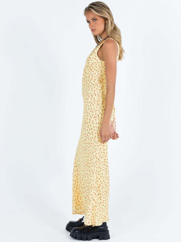 Women's polka dot suspender V-neck fishtail dress
