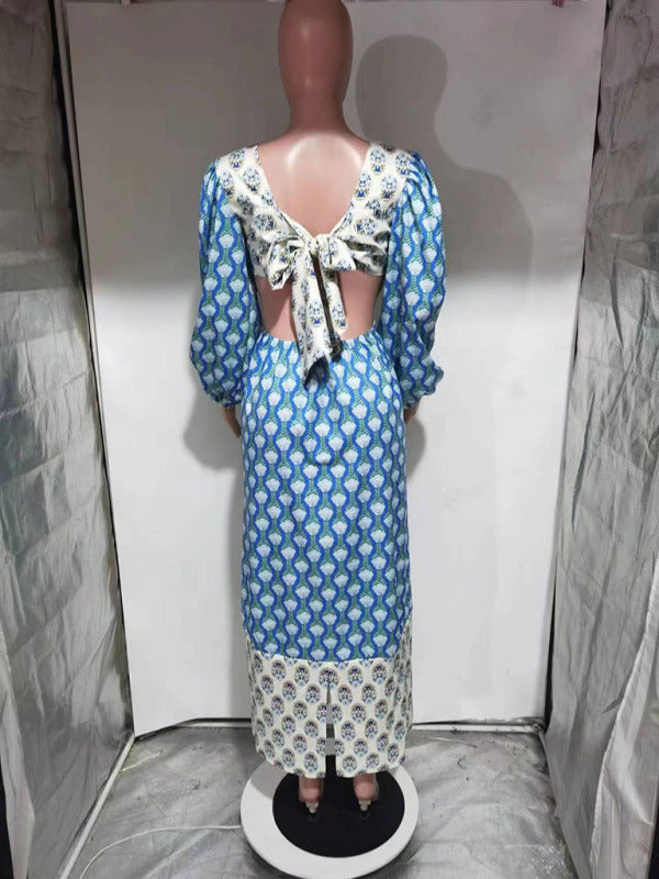Floral contrast lantern sleeve backless dress