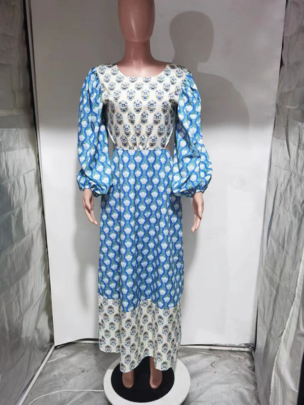 Floral contrast lantern sleeve backless dress