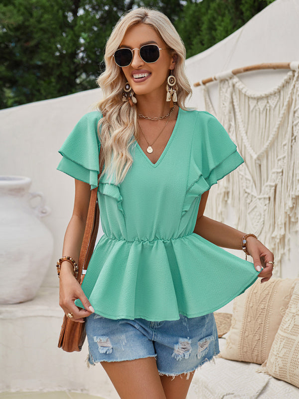 V-neck ruffled solid color short-sleeved waist top