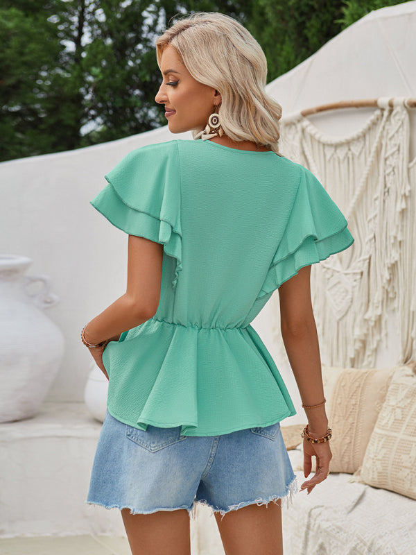 V-neck ruffled solid color short-sleeved waist top