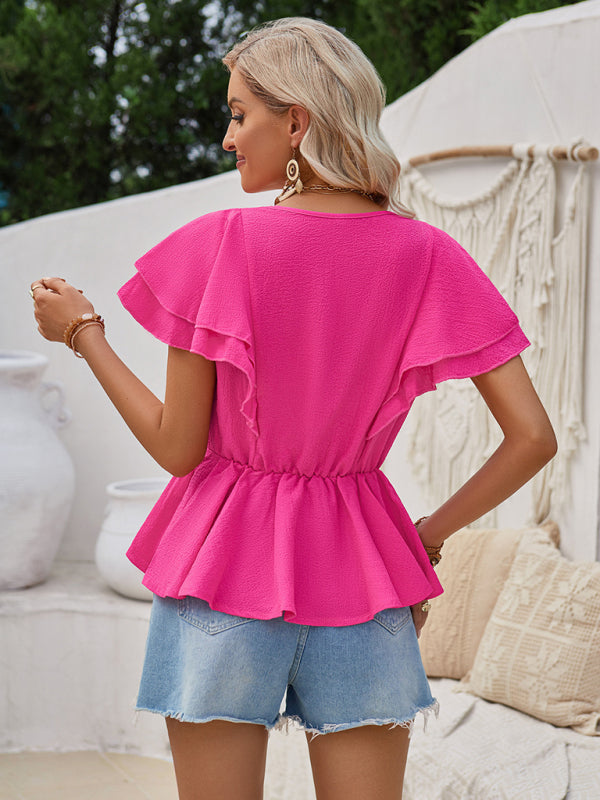 V-neck ruffled solid color short-sleeved waist top