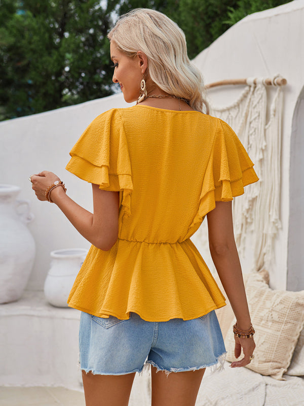 V-neck ruffled solid color short-sleeved waist top