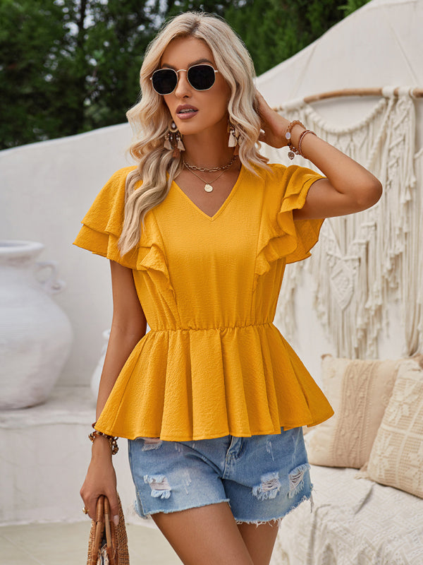 V-neck ruffled solid color short-sleeved waist top