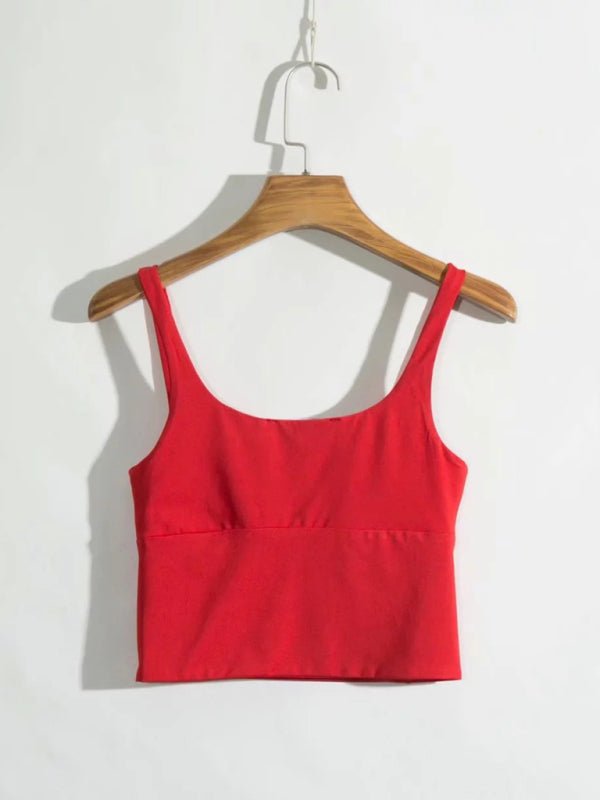 New retro square neck pleated slim high waisted short vest halter top