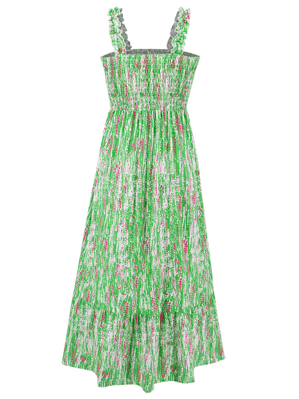 Women's elegant printed elastic suspender skirt holiday style French floral suspender long dress